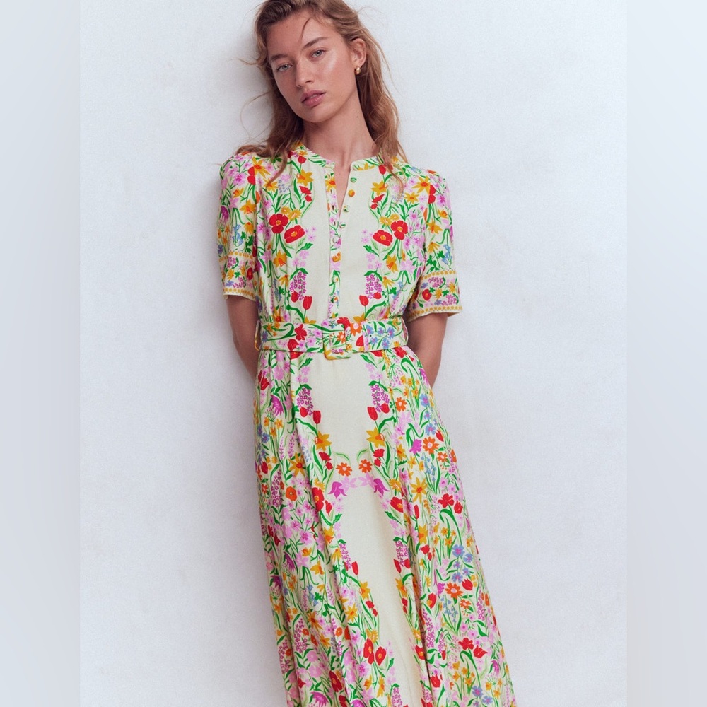 Boden Floral Midi Dress in Cream with Multicolor Print - Picture 2 of 14